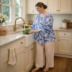 Studio 1886 3X Blue Tie-Dye Lace Bell Sleeve Blouse 26W 28W